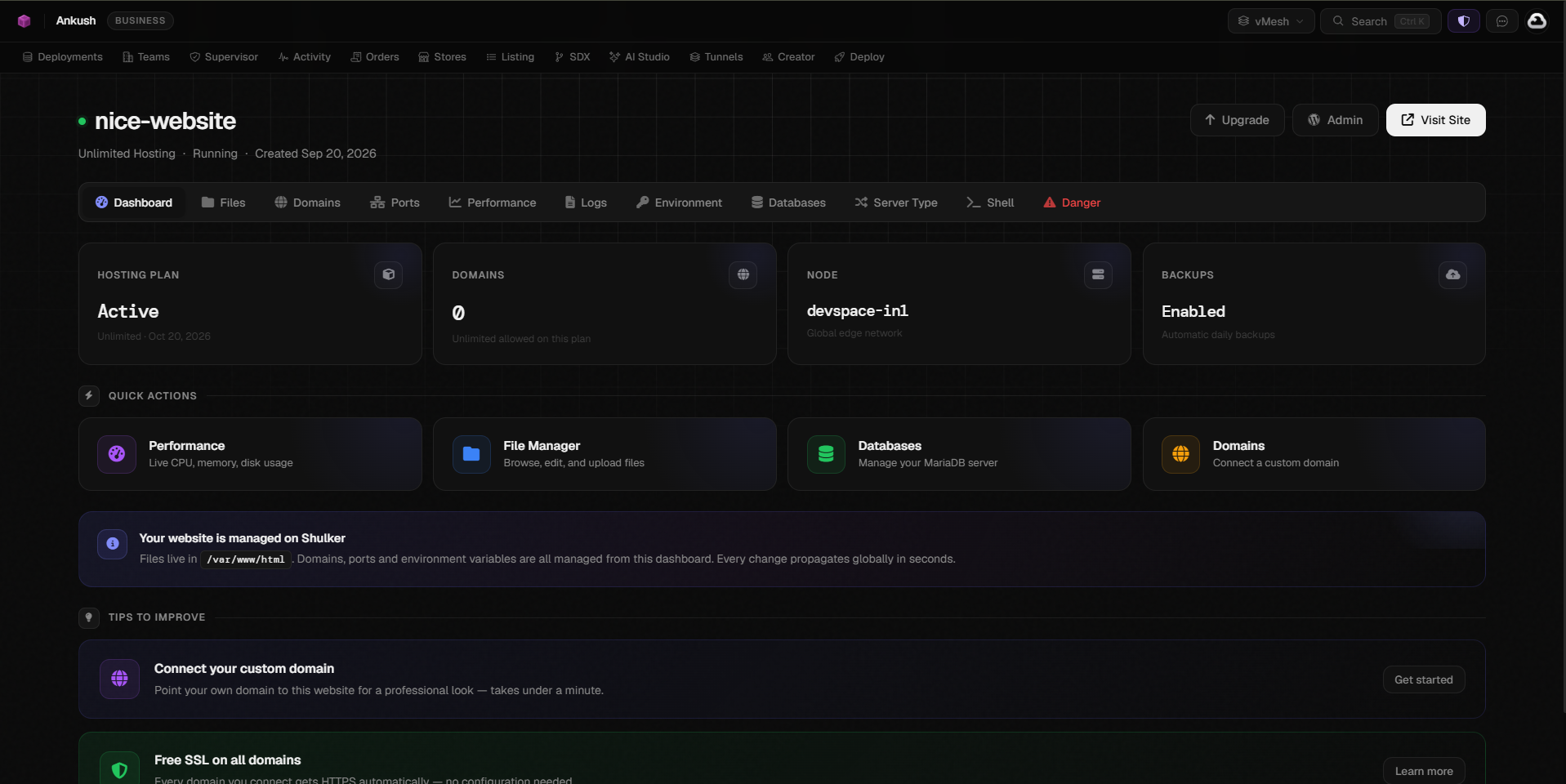 Shulker Website Hosting Dashboard