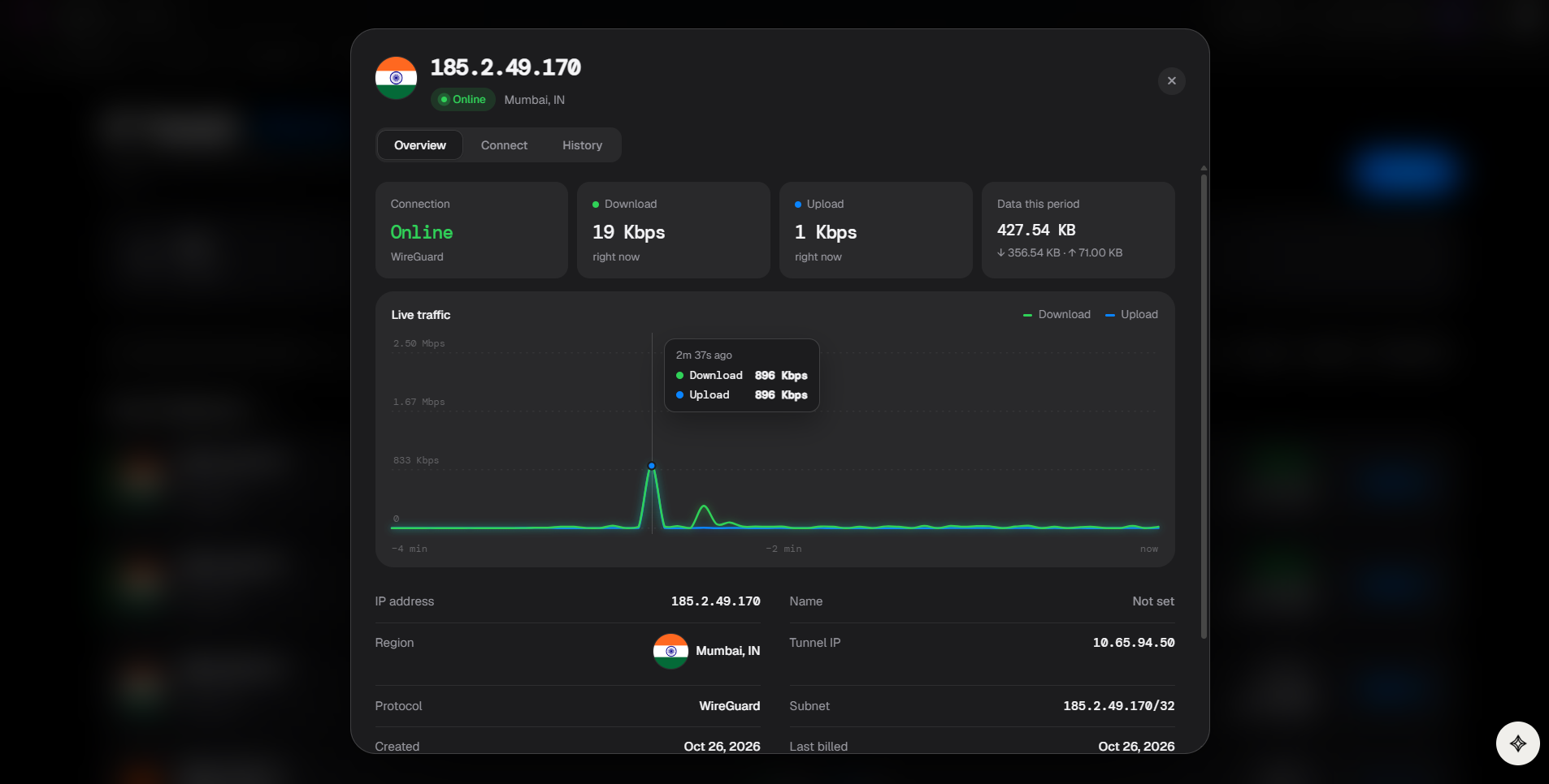 IP Transit analytics page showing live download and upload traffic