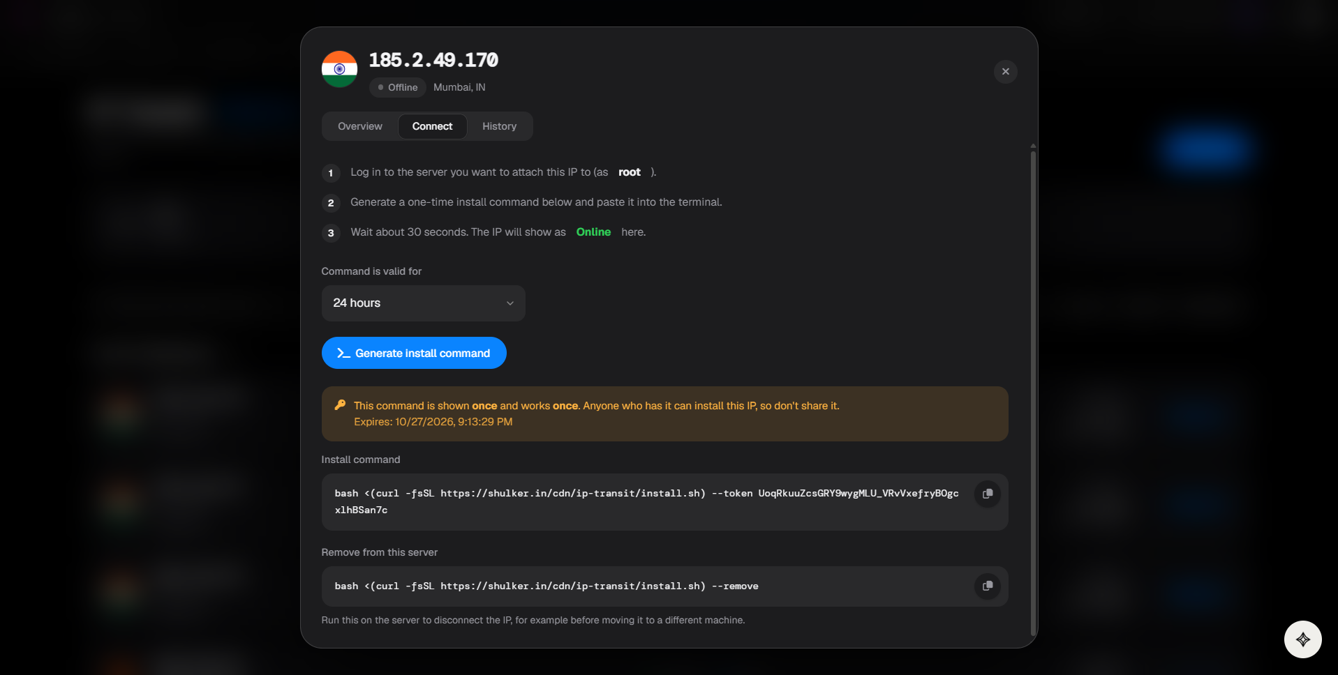 Generate install command interface in the Shulker IP Transit dashboard
