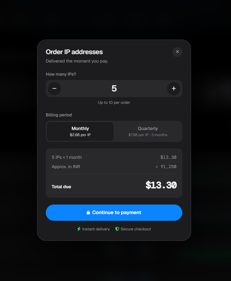 Order a new IP modal in the Shulker dashboard